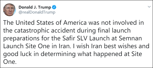 特朗普推特称美国与伊朗卫星爆炸无关