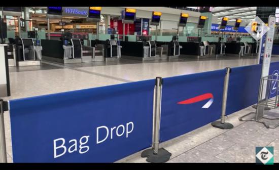 伦敦希斯罗5号航站楼英航值机柜台前空无一人（图片来源：Youtube）