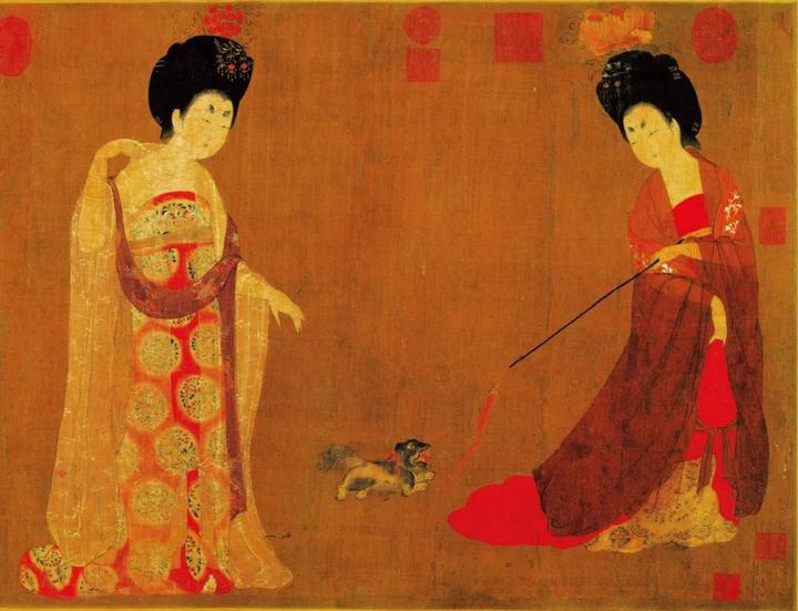 唐·周昉《簪花仕女图》(局部),画中的两名贵妇均身着无袖襦裙,襦裙