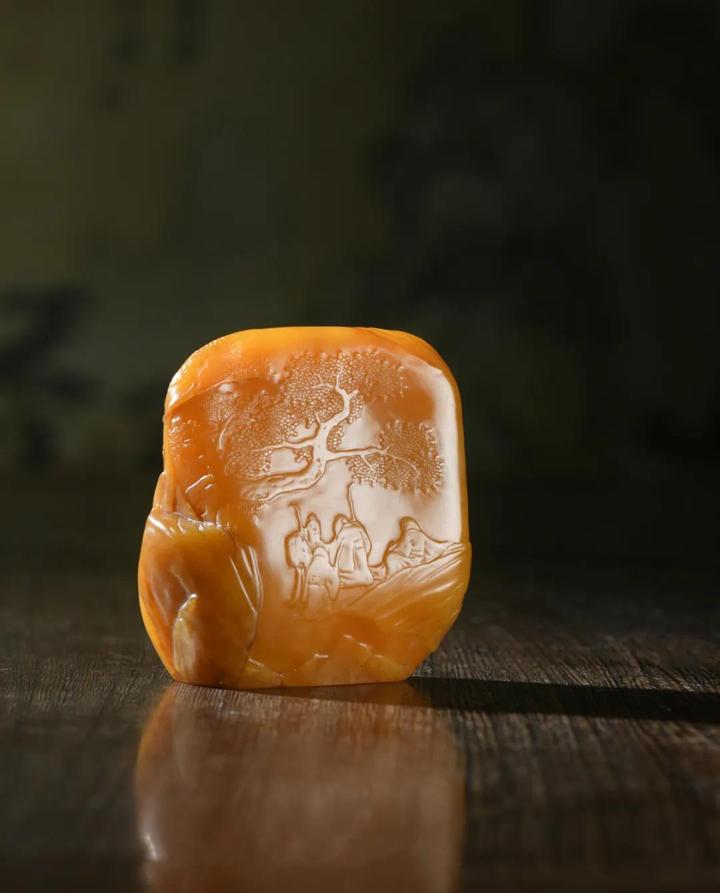 清・林清卿作款・古寿山石・田黄石彫・山水人物置物・箱付』極細