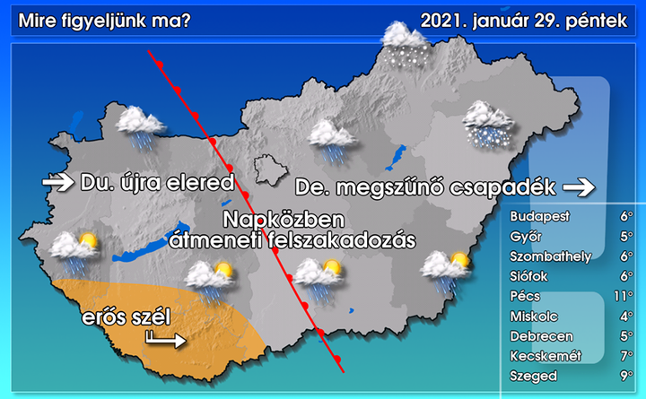 可能是包含下列内容的图片：地图、天空和上面的文字是“Mire figyeljünk ma? 2021. január 29. péntek Du. újra elered erÅ‘s szél De. megszűnő‘ csapadék Napközben Budapest átmeneti felszakadozás GyÅ‘r Szombathely Siófok Pécs Miskolc Debrecen Kecskemét Szeged 11° 4° 5° 7° 9°”