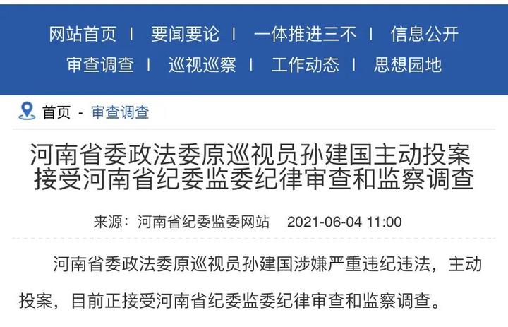 在之前,河南省委政法委原巡视员孙建国主动投案