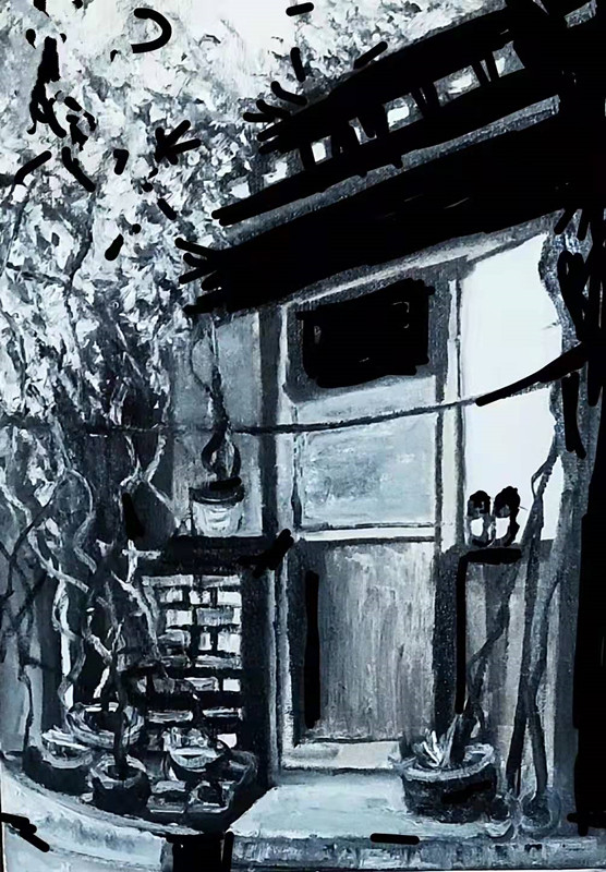 田迎人黑白油画《在家吗？》 图1