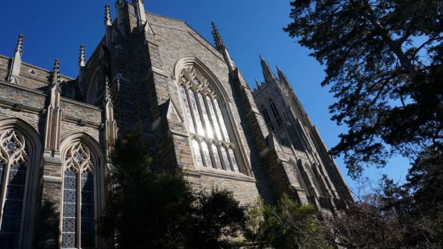 Hundreds of people gathered outside Duke Chapel on Jan. 16, 2015, to support Muslim students during a weekly call to prayer.