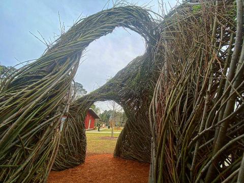 Patrick Dougherty, the 'Stick Wizard,' created a whimsical willow castle at Carpenter Park in Cary.