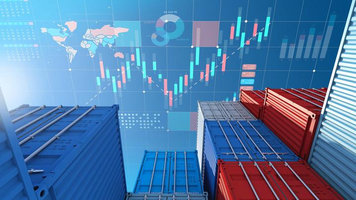 Carga de contenedores para negocios de importación y exportación y gráfico de mercado de valores digital, representación 3d | Foto Premium