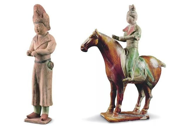 陕西咸阳杨谏臣墓出土的彩绘胡服女立俑(左) 陕西乾县永泰公主墓出土