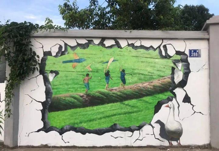 与美丽乡村建设相结合,在沿村道的民居围墙上创作出一系列农耕3d画