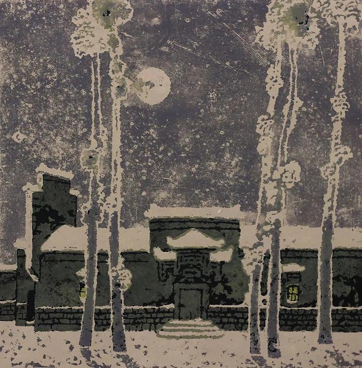 作品名称:《江南瑞雪三》/砖刻版画 作品尺寸:48x48cm