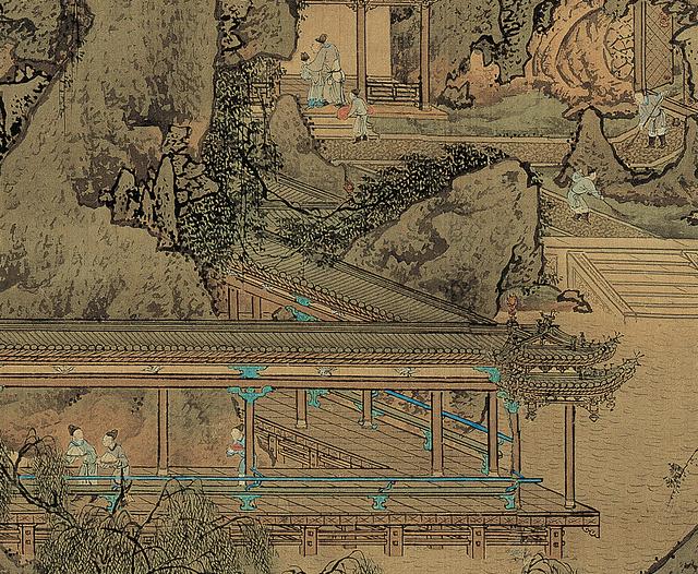 从比例上来说,人物在这么大幅的界画中所占面积非常