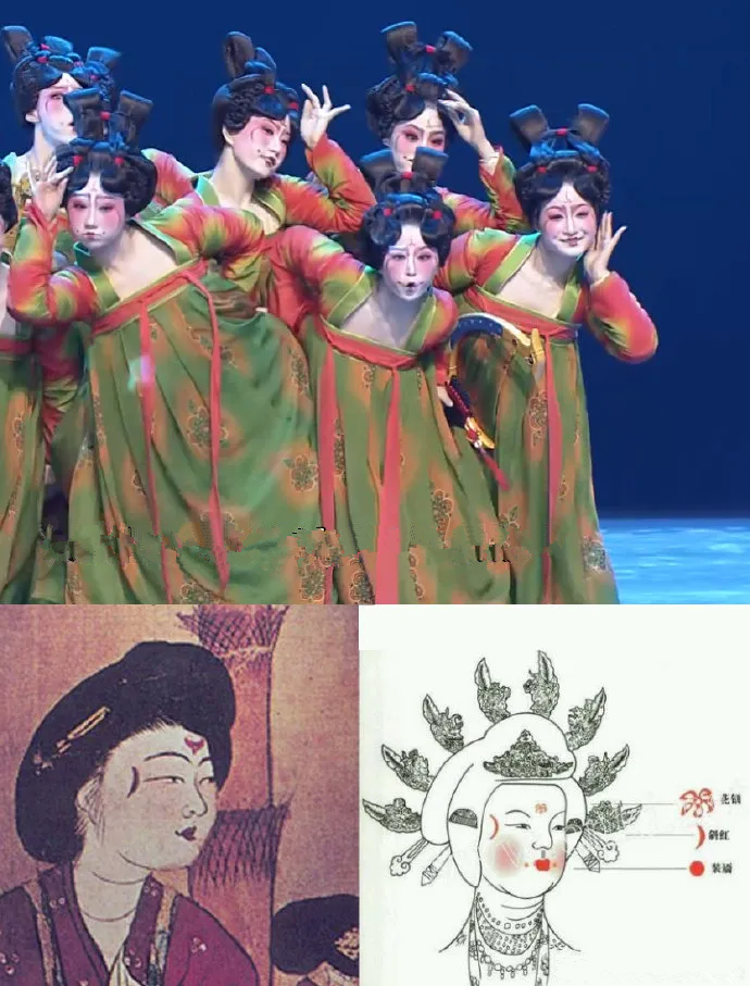 舞蹈演员们身上再现了风靡于唐代的女性面部潮流妆斜红妆(又名晓霞妆)