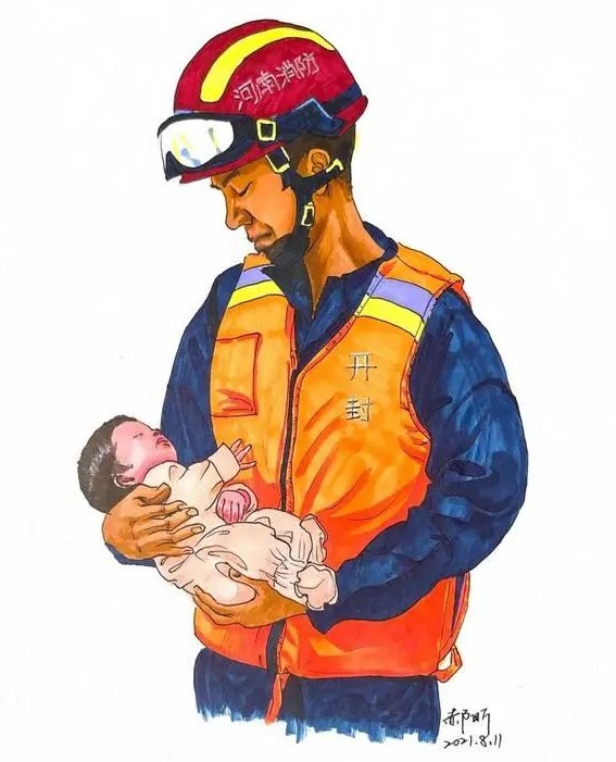 一组手绘漫画带你重温消防队员在河南抗洪救灾的瞬间