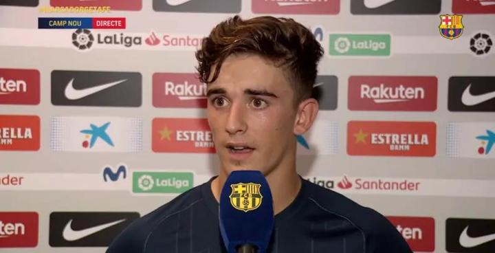 的比赛中完成首秀的17岁巴萨中场球员加比接受了barcatv的采访"很开心