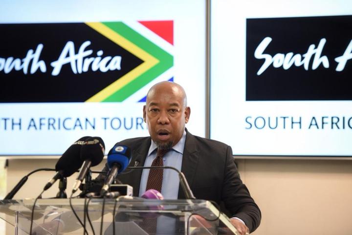 Mzilikazi Themba Khumalo from SA Tourism behind a podium at a press conference on, 2 February 2023, in Sandton.