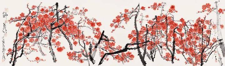 The photo shows painting and calligraphy works at Chen Jialing's solo exhibition themed on plum blossoms at Rongbaozhai in Beijing on February 18, 2023. /CMG