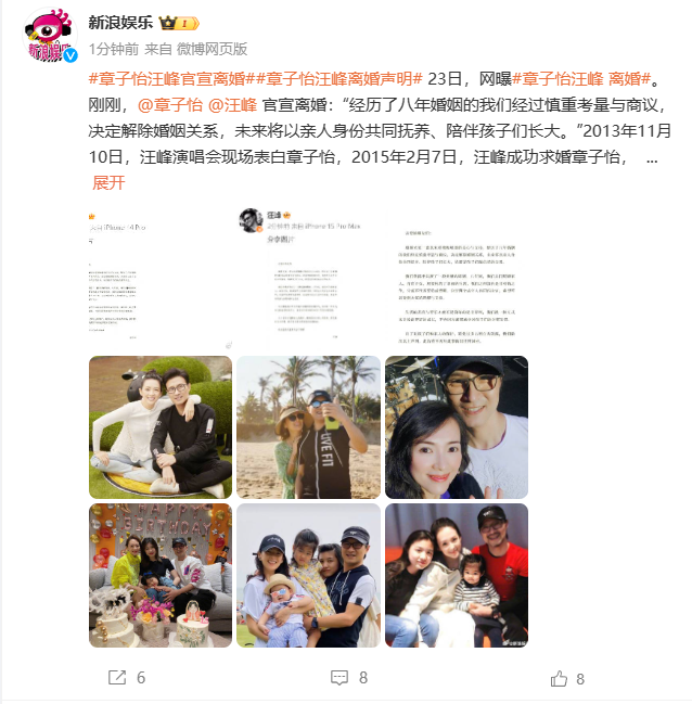 刚刚，章子怡、汪峰官宣离婚！娱乐阿根廷新闻华人头条