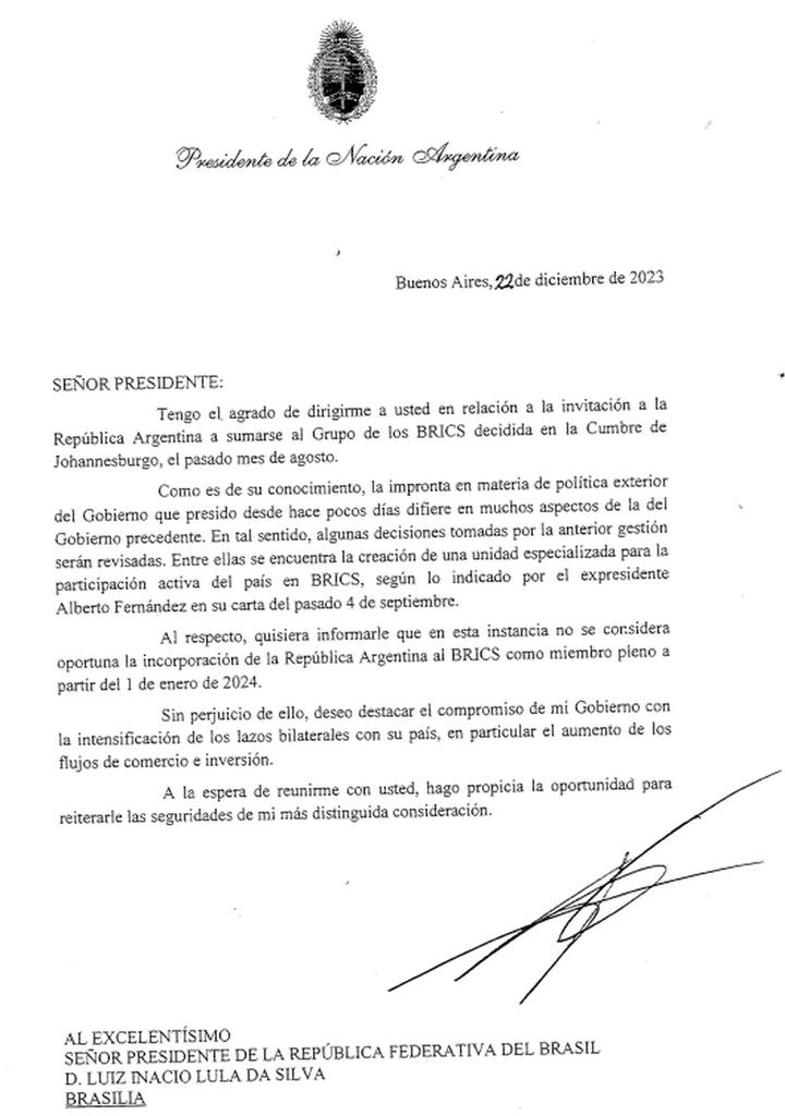 A carta enviada pelo governo argentino ao brasileiro negando convite para aderir ao Brics, em 22 de dezembro de 2023. — Foto: Reprodução