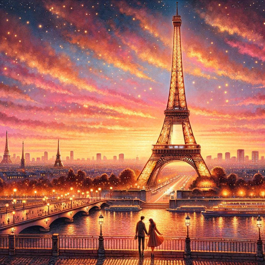 An enchanting and romantic illustration of the Eiffel Tower in Paris during sunset, with warm golden and pink hues in the sky creating a dreamy backdrop. The tower is lit up with a soft glow, adding to the magical atmosphere. In the foreground, a couple is seen holding hands, admiring the view, encapsulating the essence of love and romance in the city. The surrounding area is dotted with twinkling lights, and the Seine River gently flows in the distance, adding to the picturesque scene.