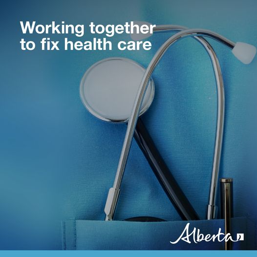 A stethescope in a scrub shirt pocket. Text reads Working together to fix health care. The Alberta government logo is in the bottom right corner.