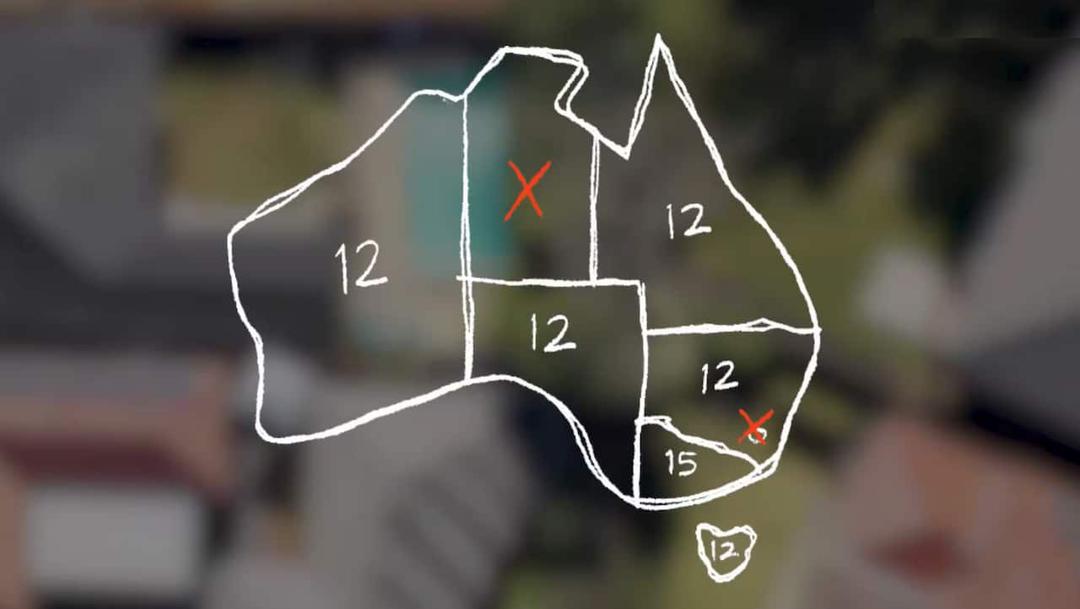 A map of Australia with all the states and territories marked out. There is a red cross over the NT and ACT.