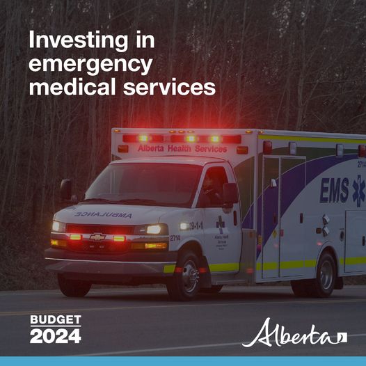 An ambulance on the road with it’s lights flashing. Text reads Investing in emergency medical services. The Budget 2024 watermark is in the bottom left corner. The Alberta government logo is in the bottom right corner.