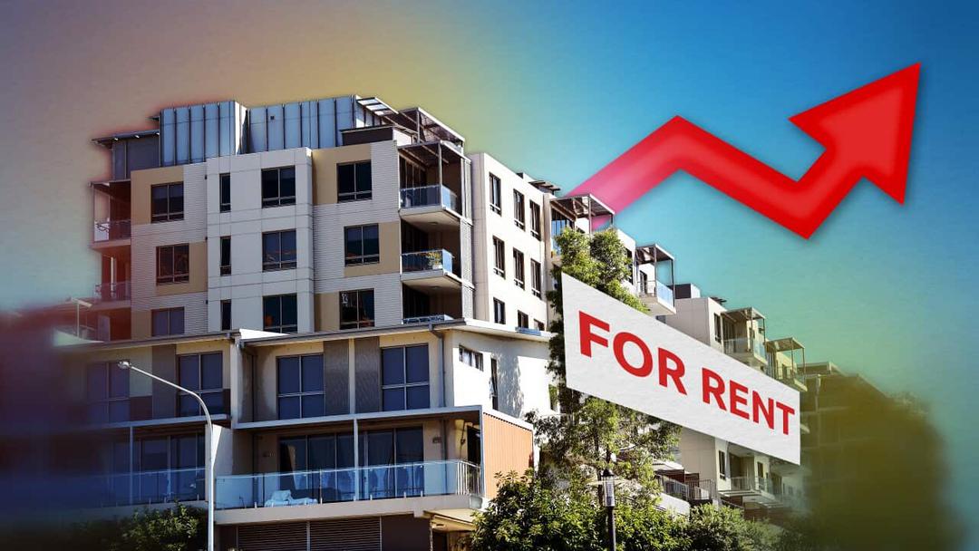 Graphic showing a unit block, a 'for rent' sign and an arrow pointing up
