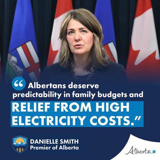 Danielle Smith on X: "Albertans deserve predictability in family budgets  and relief from high electricity costs. That's why our government is taking  another step forward to standardize the way municipalities charge local