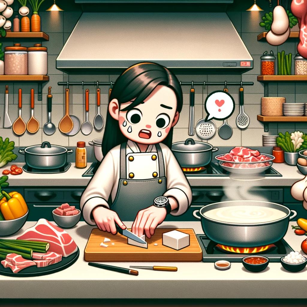 A cartoon-style kitchen scene depicting a minor mishap during hot pot preparation, focusing on a female chef. The chef is in the middle of preparing ingredients for hot pot and has just accidentally cut a small piece from her left middle finger while slicing frozen tofu. The scene captures her surprised expression, but without any graphic details; just a small, cartoonish bandage on the finger. The kitchen is lively and full of hot pot ingredients like vegetables and meats, emphasizing the preparation chaos but in a humorous and light-hearted manner.