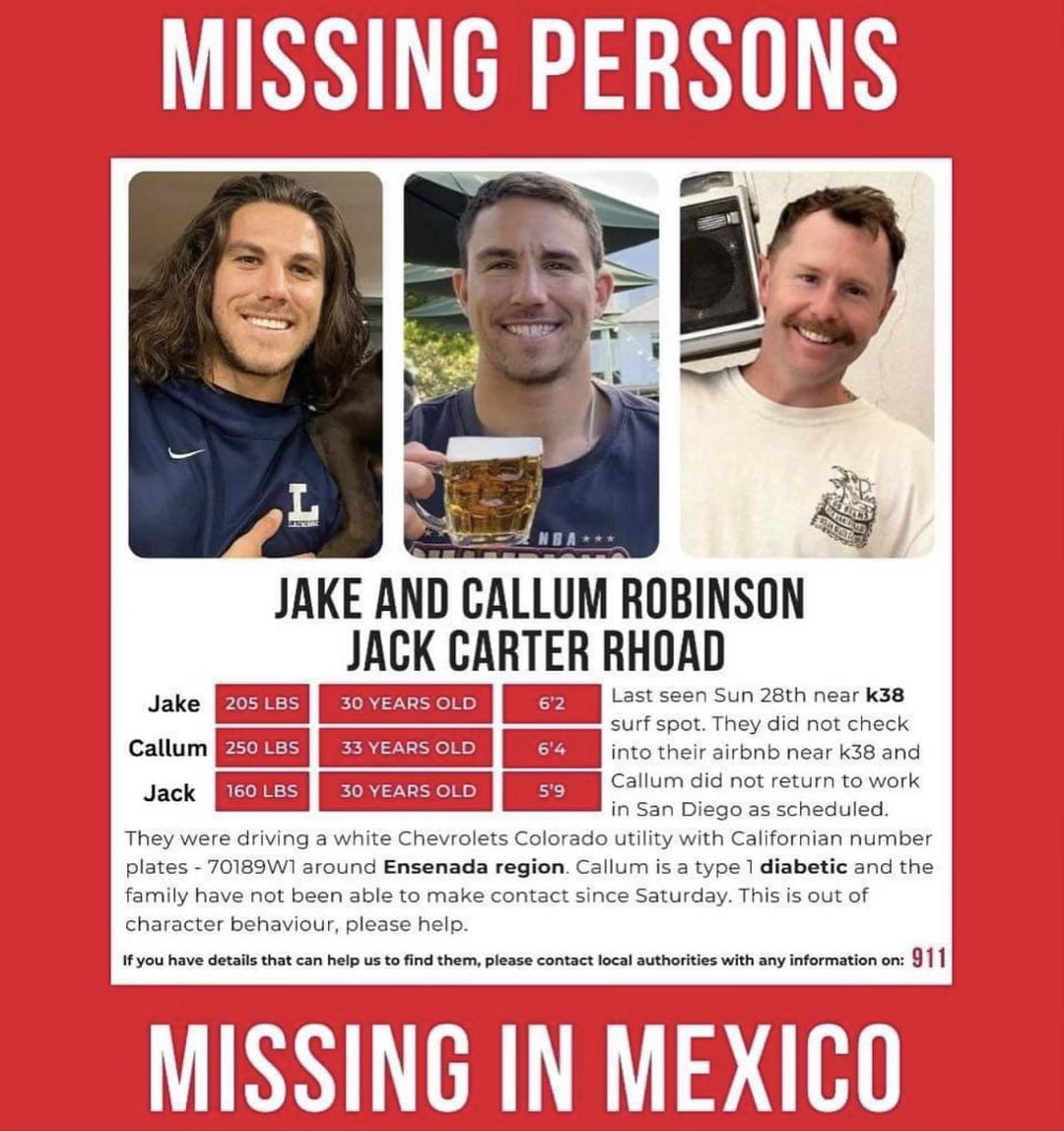 A red missing persons poster with photos of three meant in it and information about their appearance and last known whereabouts
