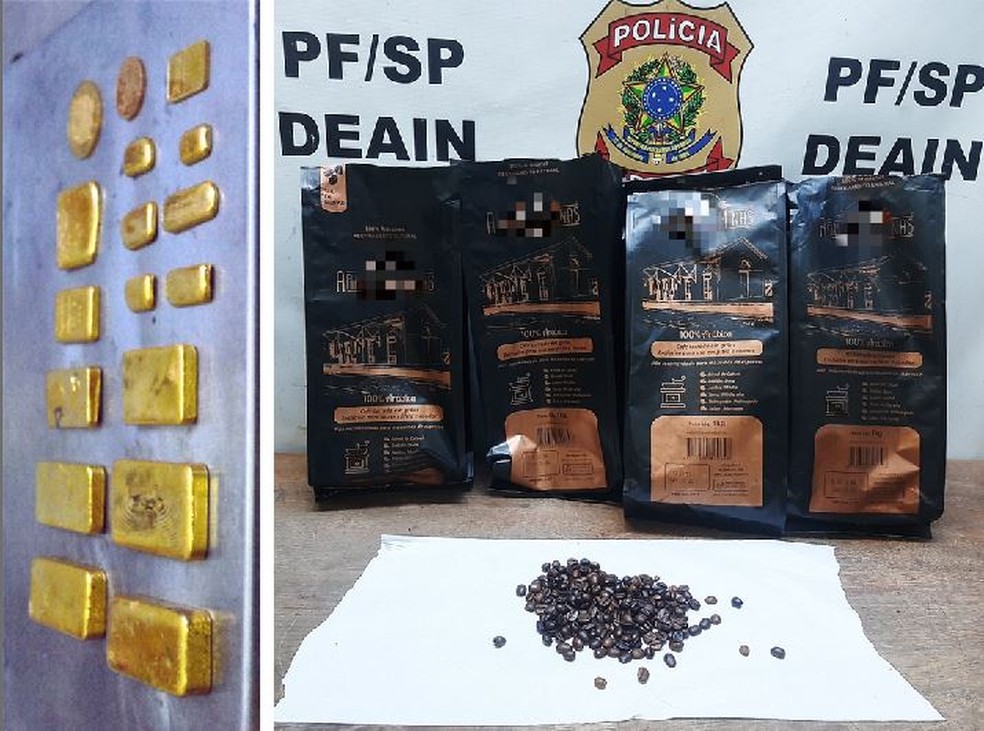 Barras de ouro estavam escondidas em sacos de café, segundo a PF — Foto: Divulgação/PF de SP