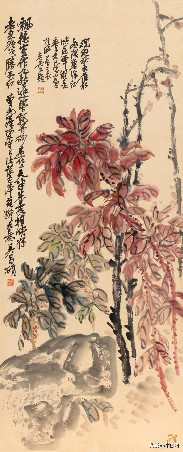 紀念吳昌碩誕辰180週年——《吳昌碩四季花卉六扇屏風》精品鑒析_