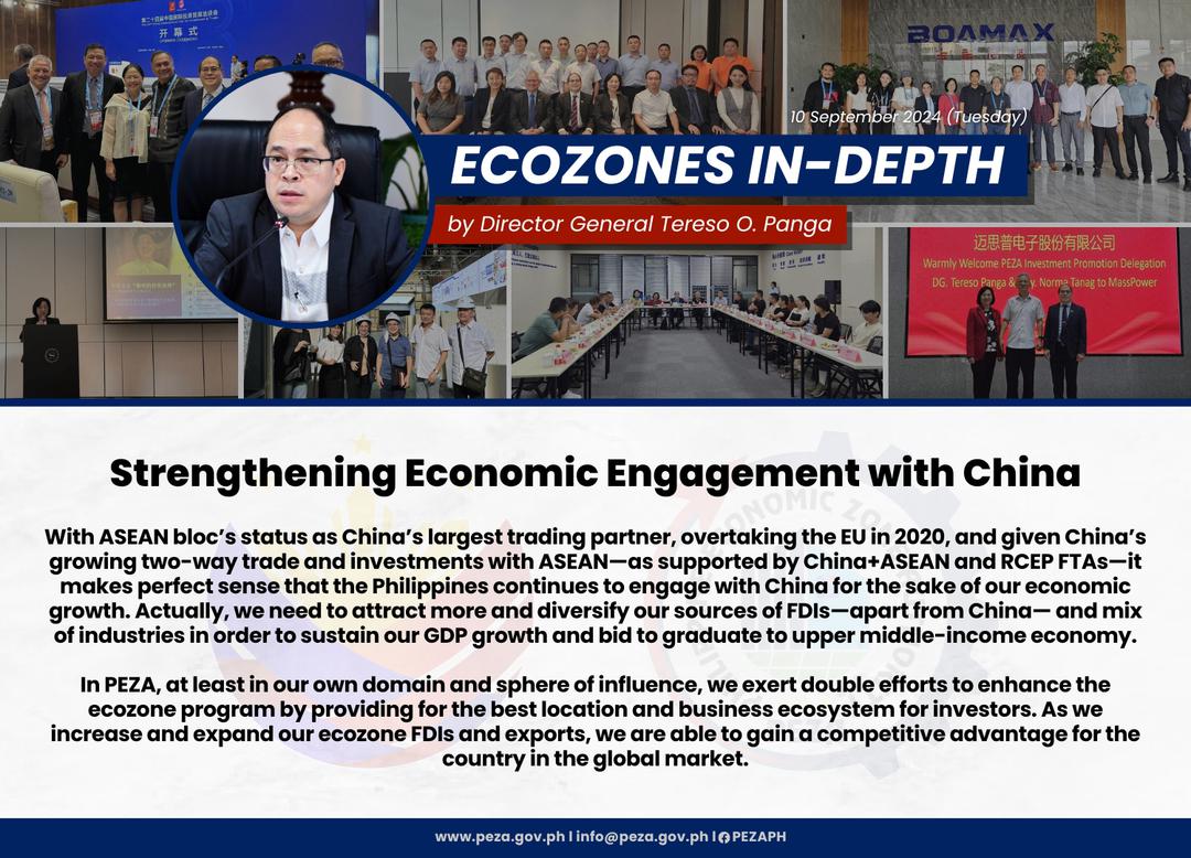 可能是包含下列内容的图形：7 位用户和上面的文字是“ECOZONES IN-DEPTH Director General Tereso Panga Strengthening Economic Engagement with china status China's largest trading partner, growing trade investments with makes perfect sense the Philippines Actually, we need attract and diversify industries order sustain our GDP growth and bid the 2020, and given China's RCEP FTAs-it sources graduate upper the sake China- and mix economy. PEZA, least our own domain and sphere influence, we exert double enhance the ecozone program by providing the best location and business ecosystem investors. As we increase and expand our ecozone FDIs and exports, we able gain competitive advantage the country the global market.”