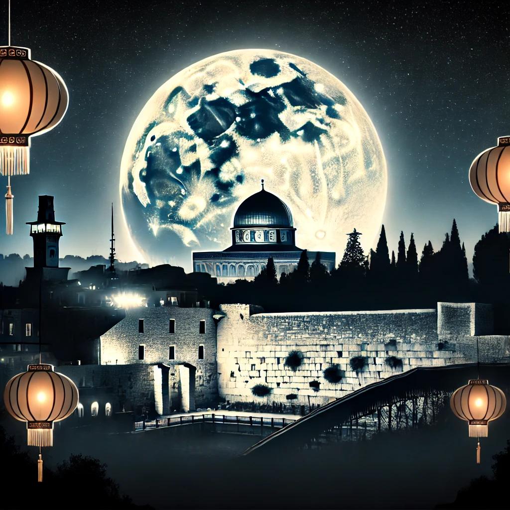 A night scene featuring a full moon rising over iconic landmarks of Israel, such as the Western Wall in Jerusalem, silhouetted against the night sky. The scene includes traditional Chinese Mid-Autumn Festival elements, such as lanterns subtly hanging in the foreground. The moonlight bathes the ancient stones of the city, creating a harmonious blend of Israeli heritage and the Chinese festival atmosphere. The overall mood is calm and serene, offering a sense of peace despite ongoing conflict, symbolizing hope and reunion.