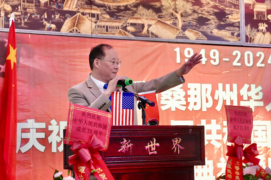 A person standing at a podium with a microphone and a flag

Description automatically generated