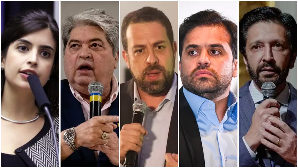 Montagem com fotos dos candidatos à Prefeitura de São Paulo: Tabata Amaral (PSB), José Luiz Datena (PSDB), Guilherme Boulos (PSDB), Pablo Marçal (PRTB) e Ricardo Nunes (MDB) — Foto: Bruno Spada/Câmara dos Deputados, Rodilei Morais/Fotoarena/Estadão Conteúdo, Yuri Murakami/Fotoarena/Estadão Conteúdo, Ton Molina/Estadão Conteúdo e André Bueno/Rede Câmara