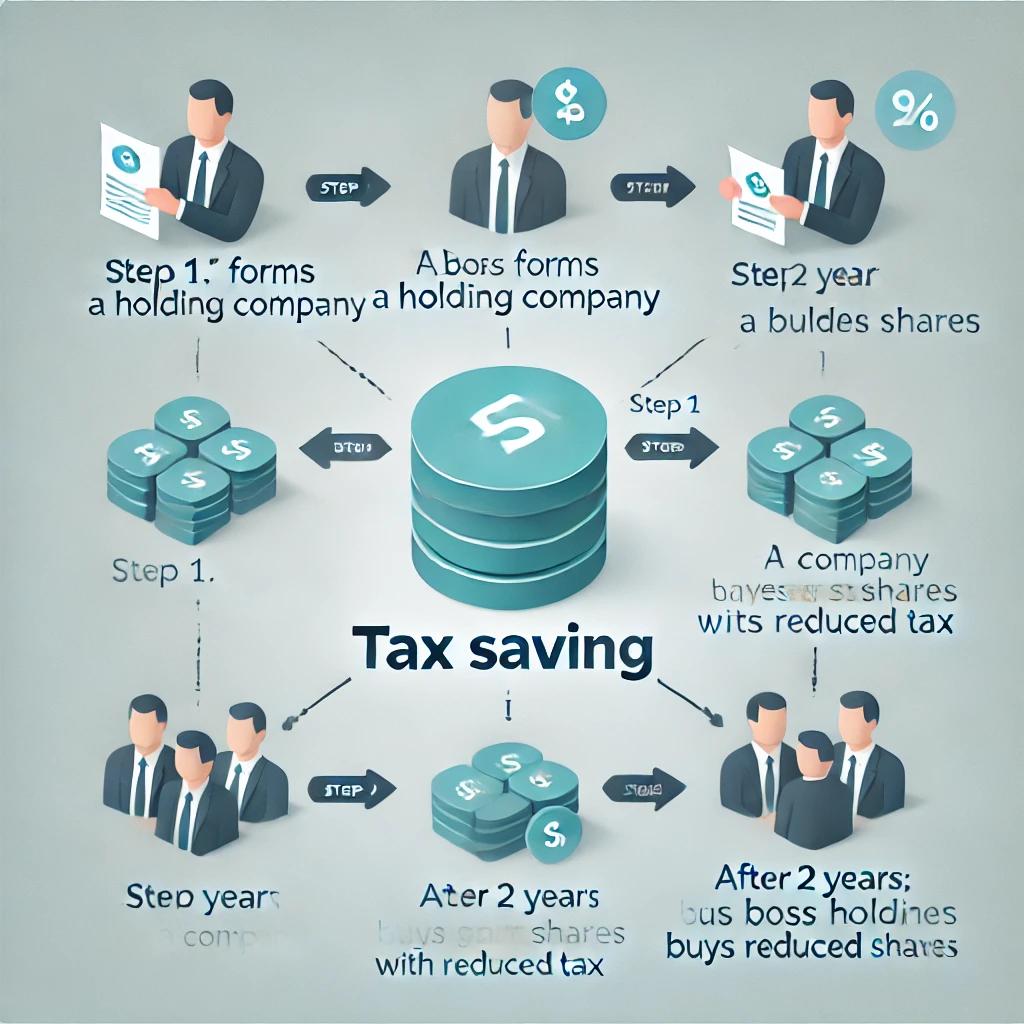 A simple infographic illustrating a tax-saving strategy for a company using a holding structure. The diagram includes:
1. Step 1: 'A Boss' forms a holding company, with arrows showing shares moving from 'A Company' to 'A Boss Holding'.
2. Step 2: After 2 years, 'A Boss Holding' buys shares from other shareholders with reduced tax.

Highlight 'Tax Saving' with a clear percentage or amount reduction.

Use minimalist icons and arrows to keep it visually straightforward, focusing on tax savings benefits only.