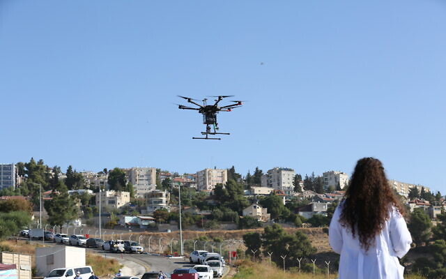 A drone carries medical samples near Ziv Medical Center in Safed on October 18, 2020. (David Cohen/FLASH90/File)