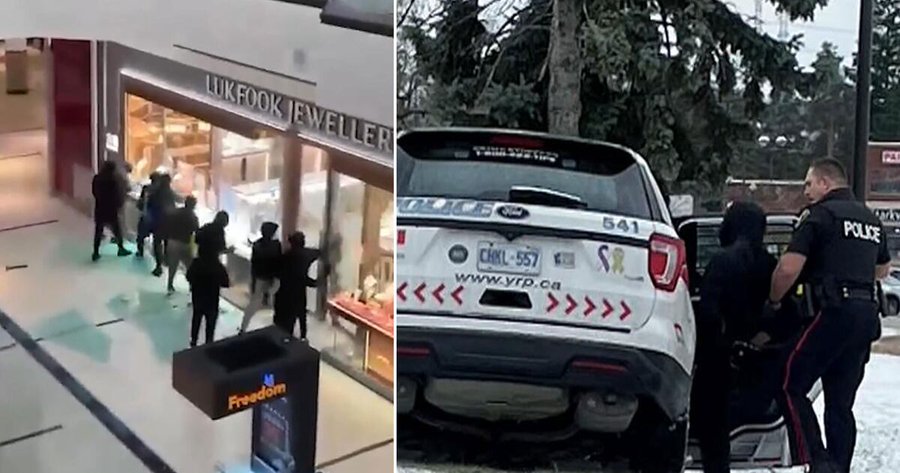 This combination photo shows a smash-and-grab robbery at a jewelry store in Markham (left) and a suspect involved being arrested by York Regional Police. (CTV News Toronto)