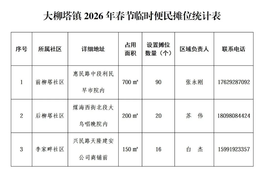 大柳塔镇2026年春节临时便民摊位统计表