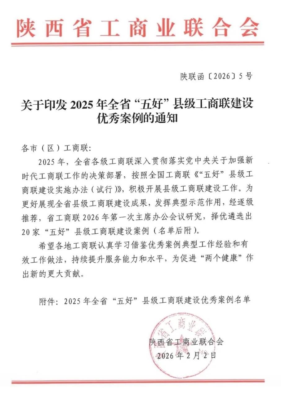 陕西省工商业联合会发布《关于印发2025年全省“五好”县级工商联建设优秀案例的通知》