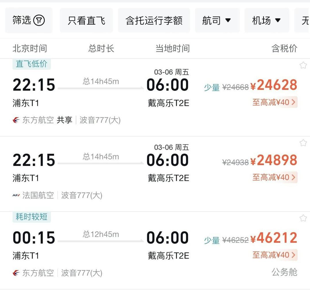 從中國旅遊OTA平台查詢，上海至巴黎直飛航班票價漲至兩萬多一張。（OTA 截圖）