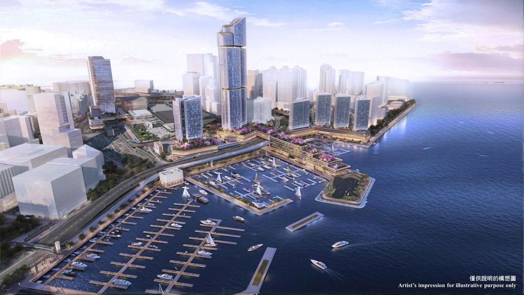 為配合香港未來遊艇經濟的發展,發展局正牽頭推動前南丫石礦場、香港仔避風塘擴建部分及紅磡站臨海用地三個項目,預計將可合共提供約600個新遊艇泊位。圖示紅磡站臨海用地構想圖。