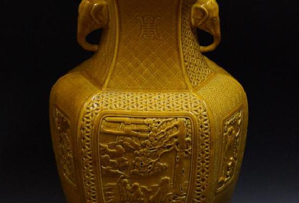 中国 骨董品 【大明成化年製 】黄交趾 龍鳳文 吉祥如意耳 壺 aead18e24c4e14ceb8c0708c36b670